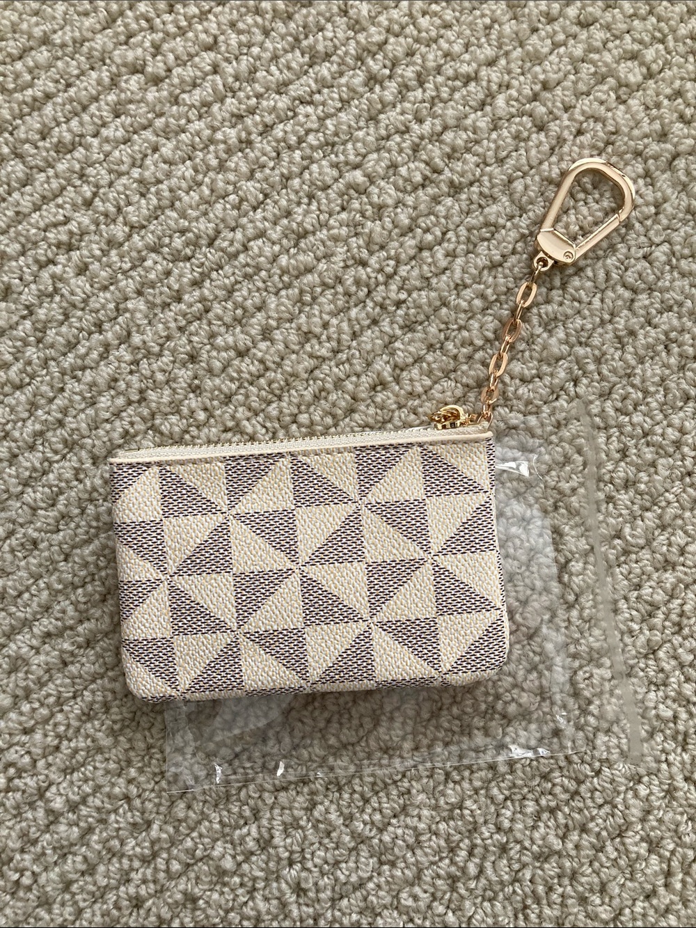 NEW Geometric Monogram Style Print Bag Charm Coin Pouch Gold Keychain Mini NIB
